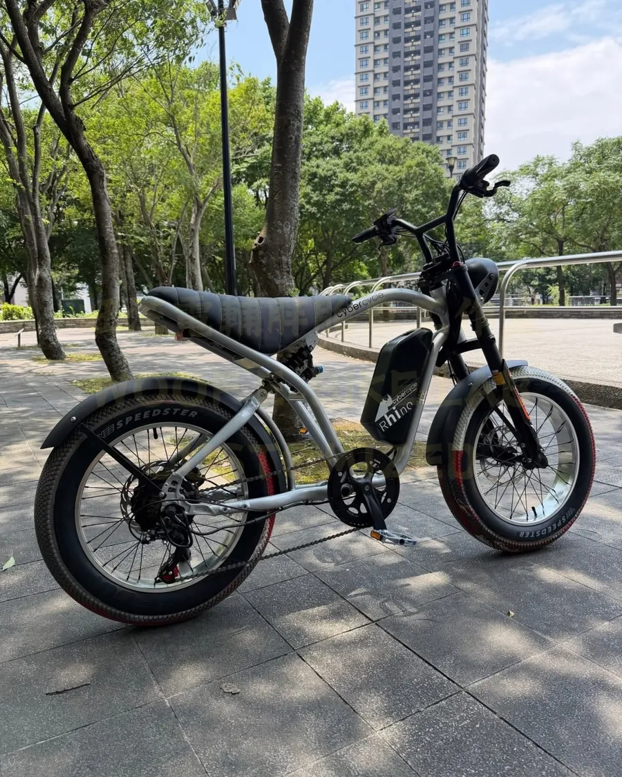 銀色 CYBERCYCLE Rhino 犀牛電輔車側面，長條摺紋機車座墊與 Speedster 胖胎