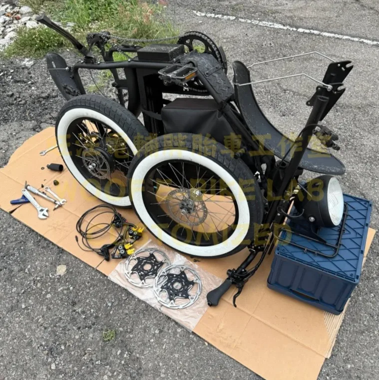 到府施工現場：SEIC Unimoke 拆下煞車，地上擺著 Magura 煞車組與浮動碟